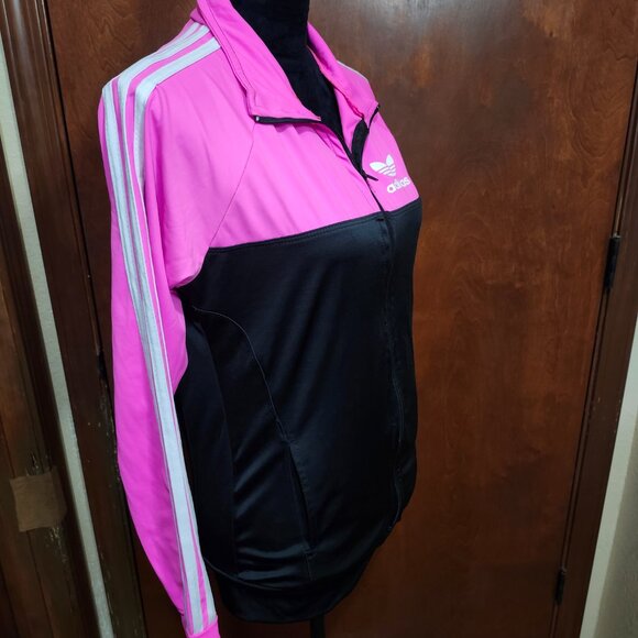 Adidas Track Jacket Black Hot Pink Full Zip Long Sleeve W/ Pockets Women' Size M - Picture 2 of 9